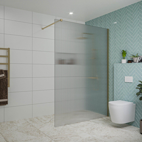 Fortifura Galeria inloopdouche - 140x200cm - ribbelglas - wandarm - PVD - geborsteld messing (goud) SW877049