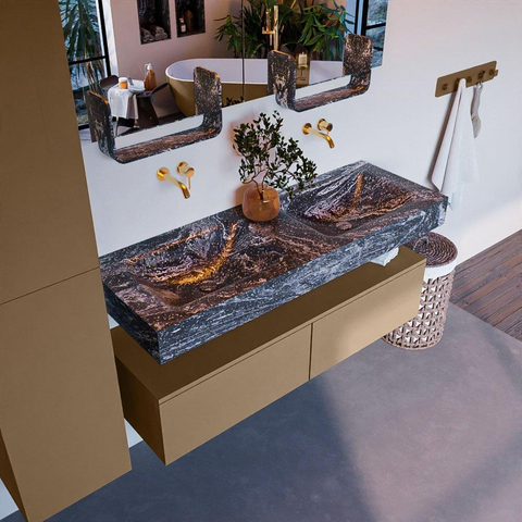 Mondiaz ALAN-DLUX Ensemble de meuble - 130cm - meuble Oro mat - 2 tiroirs - Lavabo Cloud Lava suspendu - vasque Gauche et droite - 0 trous de robinet SW808432