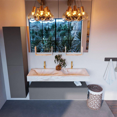 Mondiaz ALAN-DLUX Ensemble de meuble - 130cm - meuble Plata mat - 1 tiroir - Lavabo Cloud Frappe suspendu - vasque Gauche et droite - 2 trous de robinet SW805066