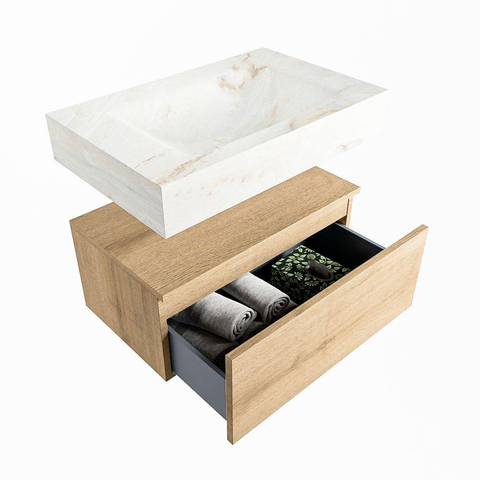 Mondiaz ALAN-DLUX Ensemble de meuble - 70cm - meuble Washed Oak mat - 1 tiroir - Lavabo Cloud Frappe suspendu - vasque Centre - 0 trous de robinet SW808531