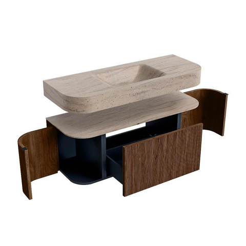 MONDIAZ THOR-DLUX 120cm badmeubel ronding links + rechts kleur Walnut met 1 lade en 2 deuren. Vrijhangende wastafel CLOUD Midden 1 kraangat kleur Saba. SW1463454