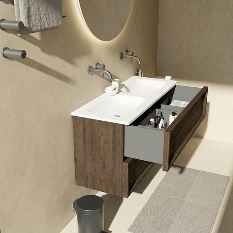Saniclass Holz Frame Badkamermeubelset - 120x45x77.5cm - Torino solid surface wastafel wit - zonder kraangat - 2 lades - mat eiken charcoal (hout) SW1579922