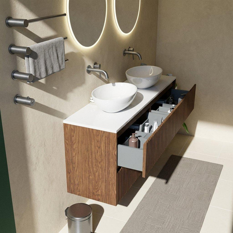 Saniclass Holz Atelier Badkamermeubelset - 160x45x62.5cm - Torino solid surface topblad wit - zonder kraangat - 4 lades - mat walnut pure (hout) SW1478831