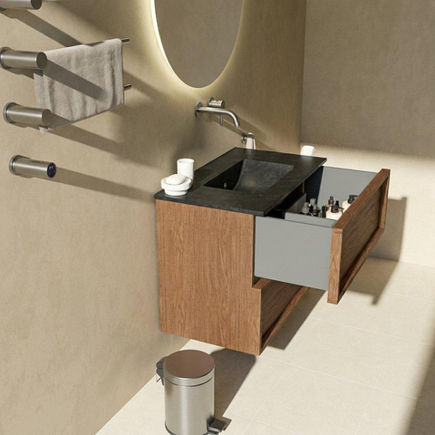 Saniclass Holz Frame Badkamermeubelset - 80x45x62cm - Vygo keramische wastafel zwart - 1 wasbak - zonder kraangat - 2 lades - mat walnut pure (hout) SW1580005