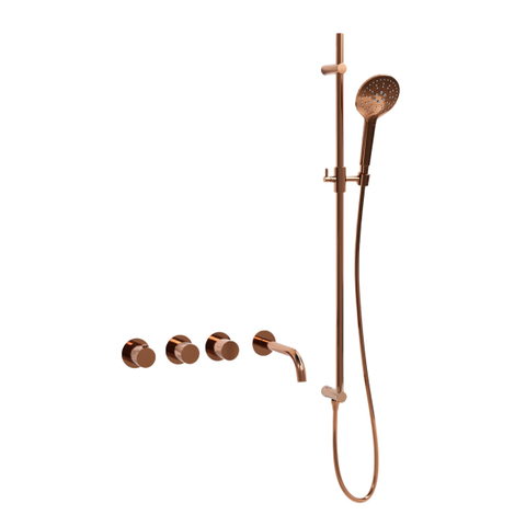 Fortifura Nebbio Ensemble combiné bain - mitigeur thermostatique - barre de glissement - coude mural intégré - flexible de douche lisse - douchette ronde - bec - cuivre brossé SW1238011