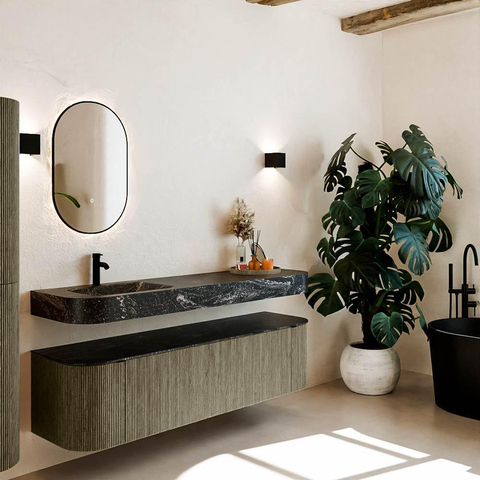 MONDIAZ THOR-DLUX Meuble de salle de bains 170cm arrondi gauche + droite couleur Shadow avec 1 tiroir et 2 portes. Vasque suspendue CLOUD Gauche 1 trou de robinet couleur Lava. SW1465522