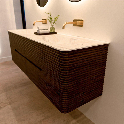 Mondiaz CIRO-DLUX Badkamermeubelset - 160x45x50cm - Solid surface wastafel Ostra - 2 wasbak Dubbel - zonder kraangaten - 4 lades - Walnut SW1530383