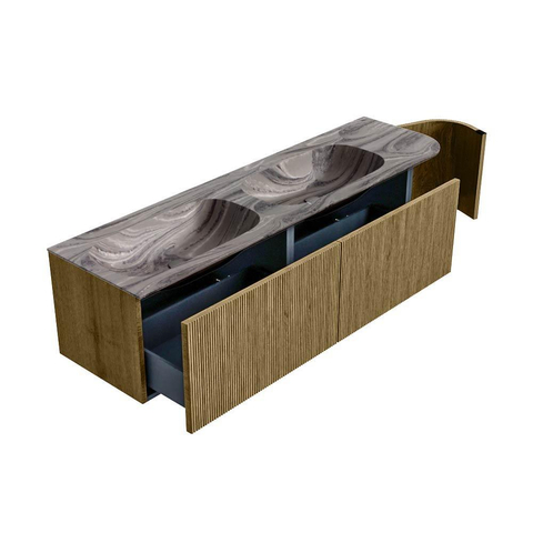 MONDIAZ KURVE-DLUX meuble de salle de bains 165cm arrondi à droite couleur Dusk avec 2 tiroirs et 1 porte. Lavabo STOR SMALL Double / Gauche 2 trous de robinet Sombra. SW1433905