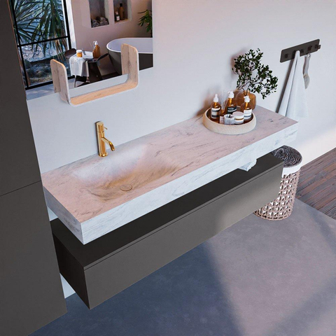 Mondiaz ALAN-DLUX Ensemble de meuble - 150cm - meuble Dark grey mat - 1 tiroir - Lavabo Cloud Opalo suspendu - vasque Gauche - 1 trou de robinet SW806434