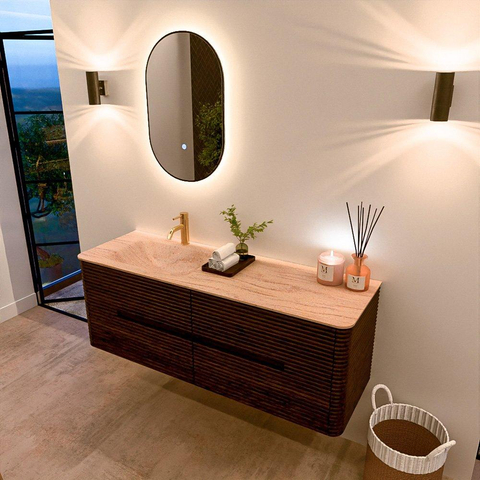 Mondiaz CIRO-DLUX Ensemble de meubles de salle de bains - 140x45x50cm - Plan-vasque Solid surface Saba - 1 lavabo à gauche - 1 trou de robinetterie - 4 tiroirs - Noyer SW1530670