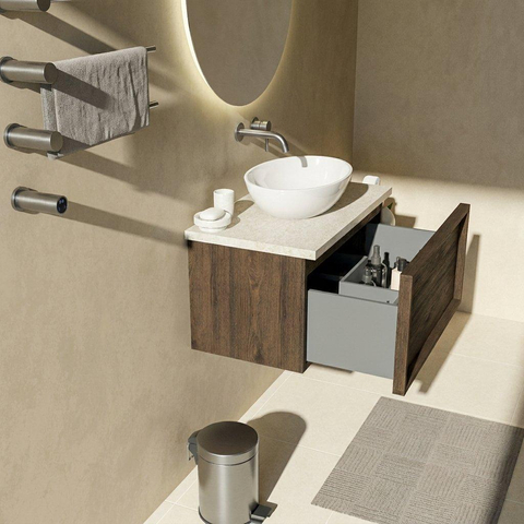 Saniclass Holz Frame Ensemble de meubles de salle de bains - 80x45x43cm - Plan de travail en pierre naturelle travertin - sans trou de robinet - 1 tiroir - chêne charcoal mat (bois) SW1478838