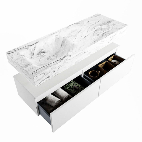 Mondiaz ALAN-DLUX Ensemble de meuble - 130cm - meuble Talc mat - 2 tiroirs - Lavabo Cloud Glace suspendu - vasque Gauche - 0 trous de robinet SW805489