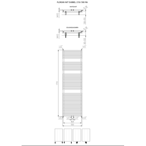 Plieger Florian Nxt M designradiator dubbel horizontaal met middenaansluiting 1710x500mm 1161W wit 7255460