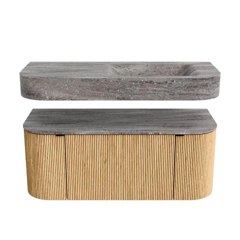 MONDIAZ THOR-DLUX 110cm meuble de salle de bains arrondi gauche + droite couleur Oak avec 1 tiroir et 2 portes. Vasque suspendue CLOUD Droite sans trou de robinet couleur Oza. SW1463001