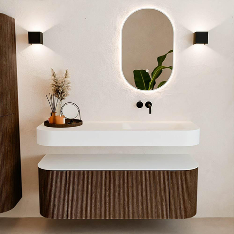 MONDIAZ THOR 130cm meuble de salle de bains arrondi gauche + droite couleur Walnut avec 1 tiroir et 2 portes. Vasque suspendue CLOUD droite sans trou de robinet couleur Talc. SW1463567