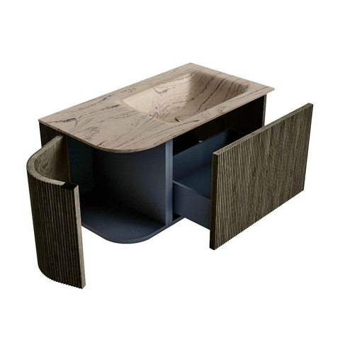 MONDIAZ KURVE-DLUX Meuble de salle de bains 85cm arrondi à gauche couleur Shadow avec 1 tiroir et 1 porte. Lavabo CLOUD à droite sans trou de robinet Arena. SW1431270