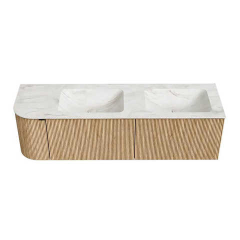 MONDIAZ KURVE-DLUX meuble de salle de bains 155cm avec module 25 L couleur Chêne avec 2 tiroirs et 1 porte. Lavabo LEAF double / droite 2 trous de robinet couleur Ostra. SW1137782
