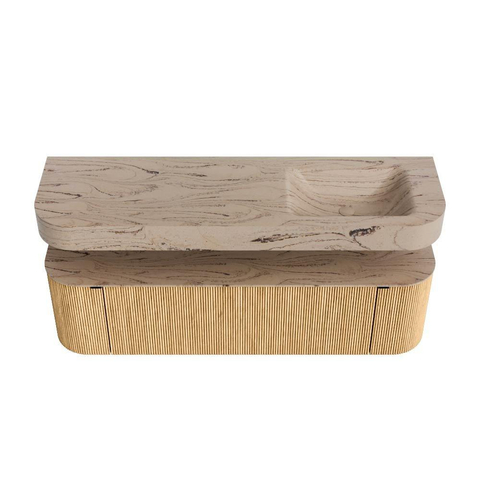 MONDIAZ THOR-DLUX 160cm meuble de salle de bains arrondi gauche + droite couleur Oak avec 1 tiroir et 2 portes. Vasque suspendue CLOUD Droite 1 trou de robinet couleur Arena. SW1465105