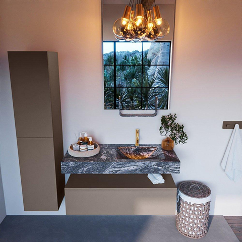 Mondiaz ALAN-DLUX Ensemble de meuble - 110cm - meuble Smoke mat - 1 tiroir - Lavabo Cloud Lava suspendu - vasque Droite - 1 trou de robinet SW808177