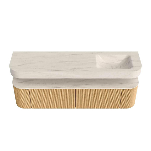 MONDIAZ THOR-DLUX 180cm meuble de salle de bains arrondi gauche + droite couleur Oak avec 2 tiroirs et 2 portes. Vasque suspendue CLOUD Droite 1 trou de robinet couleur Meli. SW1466159