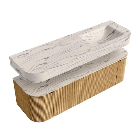 MONDIAZ THOR-DLUX 150cm badmeubel ronding links + rechts kleur Oak met 1 lade en 2 deuren. Vrijhangende wastafel CLOUD Rechts 1 kraangat kleur Nata. SW1464799