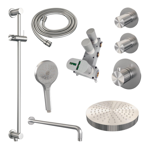BRAUER Stripe Thermostatische Inbouw Regendouche - SET 11 - 25cm douchekop - gebogen muurarm - 3-standen handdouche - doucheslang - geïntegreerde glijstang - RVS-kleurig geborsteld PVD SW1435077