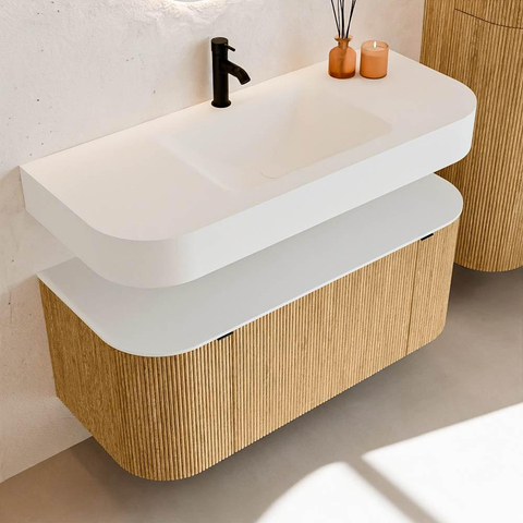 MONDIAZ THOR 110cm meuble de salle de bains arrondi gauche + droite couleur Chêne avec 1 tiroir et 2 portes. Vasque suspendue CLOUD Milieu 1 trou de robinet couleur Talc. SW1462722
