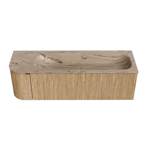MONDIAZ KURVE-DLUX meuble de salle de bains 145 cm arrondi à gauche couleur Chêne avec 1 tiroir et 1 porte. Lavabo BIG LARGE à droite 1 trou de robinet Arena. SW1431128