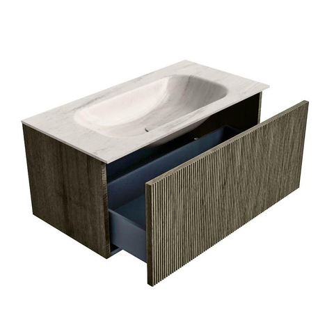 MONDIAZ KURVE-DLUX Meuble de salle de bains 90 cm couleur Shadow avec 1 tiroir et 0 portes. Lavabo BIG SMALL Milieu sans trou de robinet Meli. SW1431787