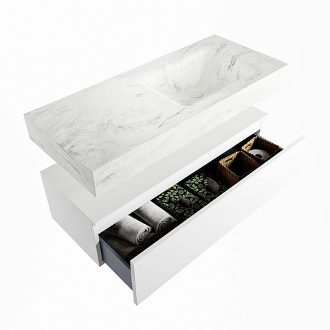 Mondiaz ALAN-DLUX Ensemble de meuble - 110cm - meuble Talc mat - 1 tiroir - Lavabo Cloud Opalo suspendu - vasque Droite - 0 trous de robinet SW806246