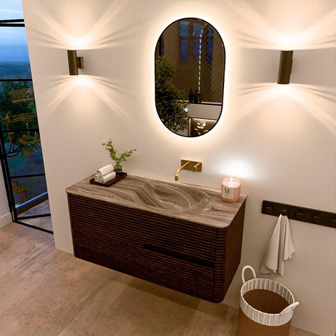 Mondiaz CIRO-DLUX Meuble de salle de bains - 110x45x50cm - Plan vasque solid surface Sombra - 1 lavabo à droite - sans trous de robinetterie - 2 tiroirs - Noyer SW1530723