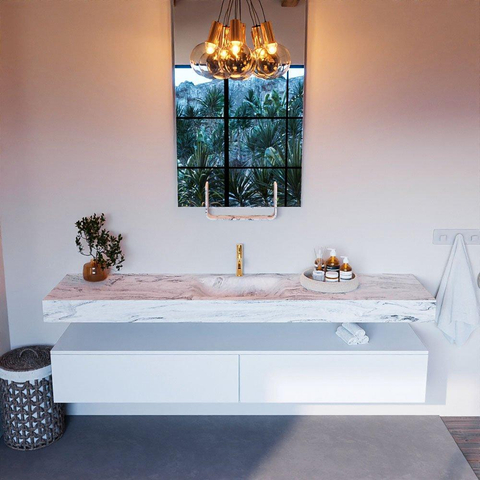 Mondiaz ALAN-DLUX Ensemble de meuble - 200cm - meuble Talc mat - 2 tiroirs - Lavabo Cloud Glace suspendu - vasque Centre - 1 trou de robinet SW805764