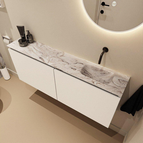 MONDIAZ TURE-DLUX meuble de toilette 120 cm Talc. EDEN lavabo Glace position à droite. Sans trou de robinet. SW1103135