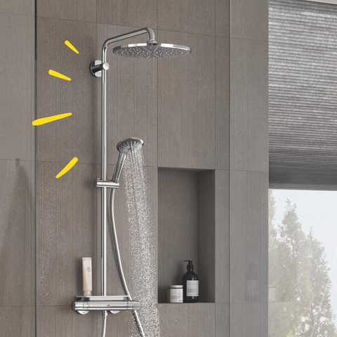 Grohe Vitalio Joy opbouw regendoucheset – thermostatisch – Ø31 cm hoofddouche – glijstang 112 cm – zeepschaal – chroom SW568372