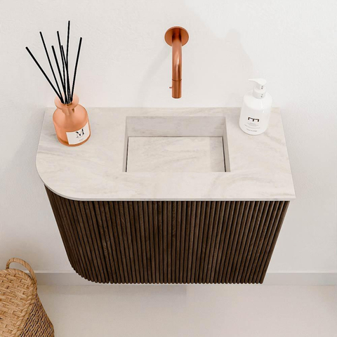 Mondiaz JOYA-DLUX 51.6cm toiletmeubel - ronding links kleur Walnut - Wastafel FAYE positie Rechts Zonder kraangat kleur Ostra. SW1422625