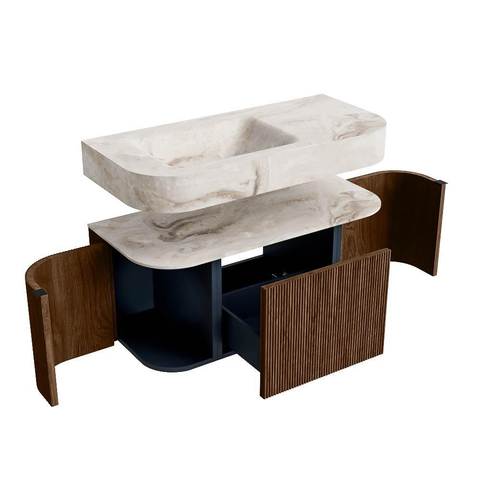 MONDIAZ THOR-DLUX Meuble de salle de bains 100cm arrondi gauche + droite couleur Walnut avec 1 tiroir et 2 portes. Vasque suspendue CLOUD Gauche 1 trou de robinet couleur Frappe. SW1467333