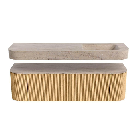 MONDIAZ THOR-DLUX 160cm meuble de salle de bains arrondi gauche + droite couleur Oak avec 1 tiroir et 2 portes. Vasque suspendue CLOUD Droite 1 trou de robinet couleur Saba. SW1465335