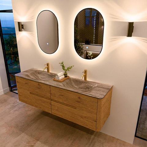 Mondiaz CIRO-DLUX Ensemble de meubles de salle de bains - 160x45x50cm - Plan vasque solid surface Oza - 2 lavabos double - 2 trous de robinetterie - 4 tiroirs - Chêne SW1531134