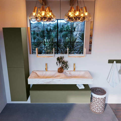 Mondiaz ALAN-DLUX Ensemble de meuble - 130cm - meuble Army mat - 1 tiroir - Lavabo Cloud Frappe suspendu - vasque Gauche et droite - 2 trous de robinet SW805570