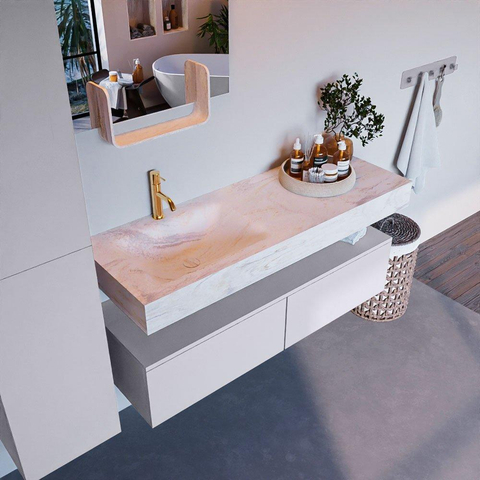 Mondiaz ALAN-DLUX Ensemble de meuble - 130cm - meuble Cale mat - 2 tiroirs - Lavabo Cloud Ostra suspendu - vasque Gauche - 1 trou de robinet SW807569