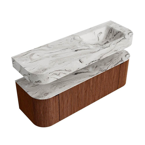 MONDIAZ THOR-DLUX 140cm meuble de salle de bains arrondi gauche + droite couleur Ruby avec 1 tiroir et 2 portes. Vasque suspendue CLOUD Droite sans trou de robinet couleur Glace. SW1464143