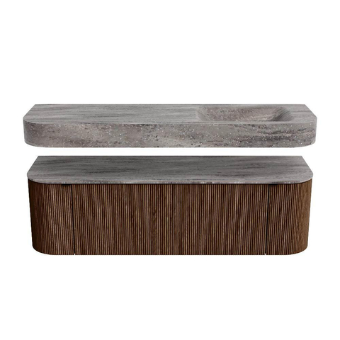 MONDIAZ THOR-DLUX 150cm badmeubel ronding links + rechts kleur Walnut met 1 lade en 2 deuren. Vrijhangende wastafel CLOUD Rechts zonder kraangat kleur Oza. SW1464845