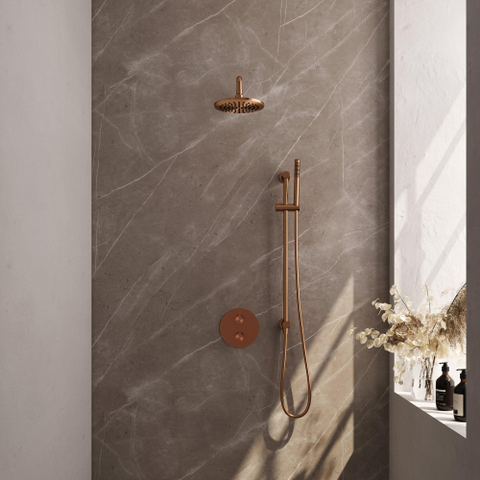 BRAUER Copper Carving thermostatische Inbouw Regendouche - 3-weg - rond - set 87 - 20cm hoofddouche - gebogen muurarm - staaf handdouche - doucheslang - geïntegreerde glijstang - koper geborsteld PVD SW1159241