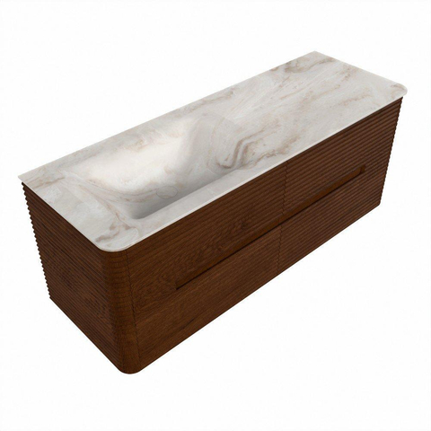 Mondiaz CIRO-DLUX Badkamermeubelset - 130x45x50cm - Solid surface wastafel Frappe - 1 wasbak Links - zonder kraangaten - 4 lades - Ruby SW1531306