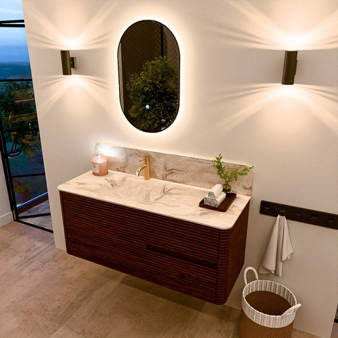Mondiaz CIRO-DLUX Meuble de salle de bains - 120x45x50cm - Plan vasque solid surface Frappe - 1 lavabo à gauche - 1 trou de robinet - 2 tiroirs - Ruby SW1531289