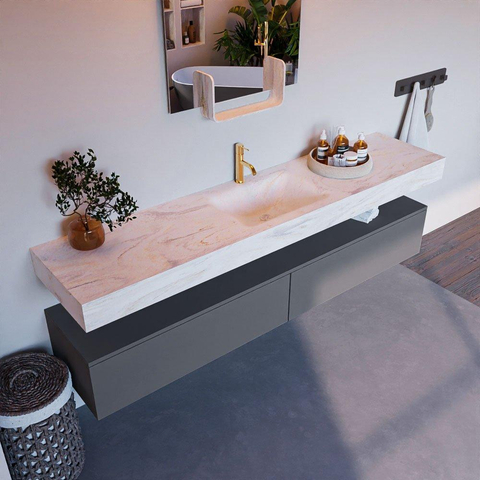 Mondiaz ALAN-DLUX Ensemble de meuble - 200cm - meuble - Plata mat - 2 tiroirs - Lavabo Cloud Ostra suspendu - vasque Centre - 1 trou de robinet - Beige SW807784
