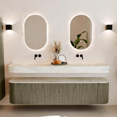 MONDIAZ THOR-DLUX 190cm meuble de salle de bains arrondi gauche + droite couleur Shadow avec 2 tiroirs et 2 portes. Vasque suspendue CLOUD Double sans trou de robinet couleur Ostra. SW1466589