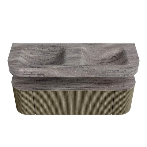 MONDIAZ THOR-DLUX 140cm meuble de salle de bains arrondi gauche + droite couleur Shadow avec 1 tiroir et 2 portes. Vasque suspendue CLOUD Double 2 trous de robinet couleur Oza. SW1464293