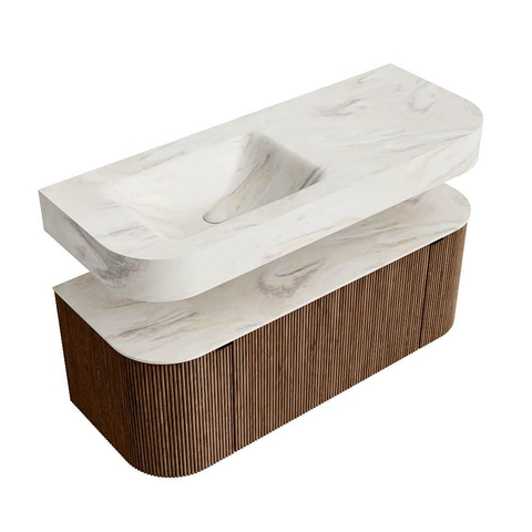 MONDIAZ THOR-DLUX 120cm badmeubel ronding links + rechts kleur Walnut met 1 lade en 2 deuren. Vrijhangende wastafel CLOUD Links 1 kraangat kleur Ostra. SW1463220