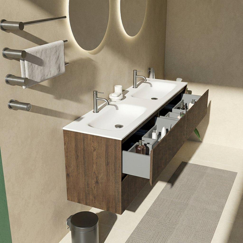 Saniclass Holz Atelier Badkamermeubelset - 160x45x61.5cm - Flow solid surface wastafel wit - 2 wasbakken - 2 kraangaten - 4 lades - mat eiken charcoal (hout) SW1478458